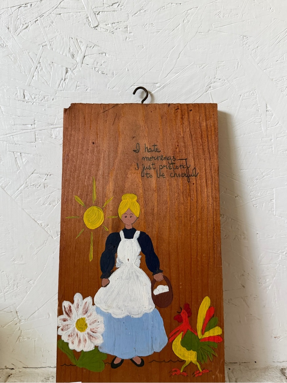 Hand-Painted Folk Art Wooden Wall Plaque - Blue, White, Yellow